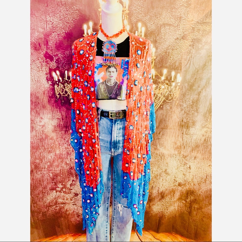 Vintage Sequin Sari Kimono Reworked